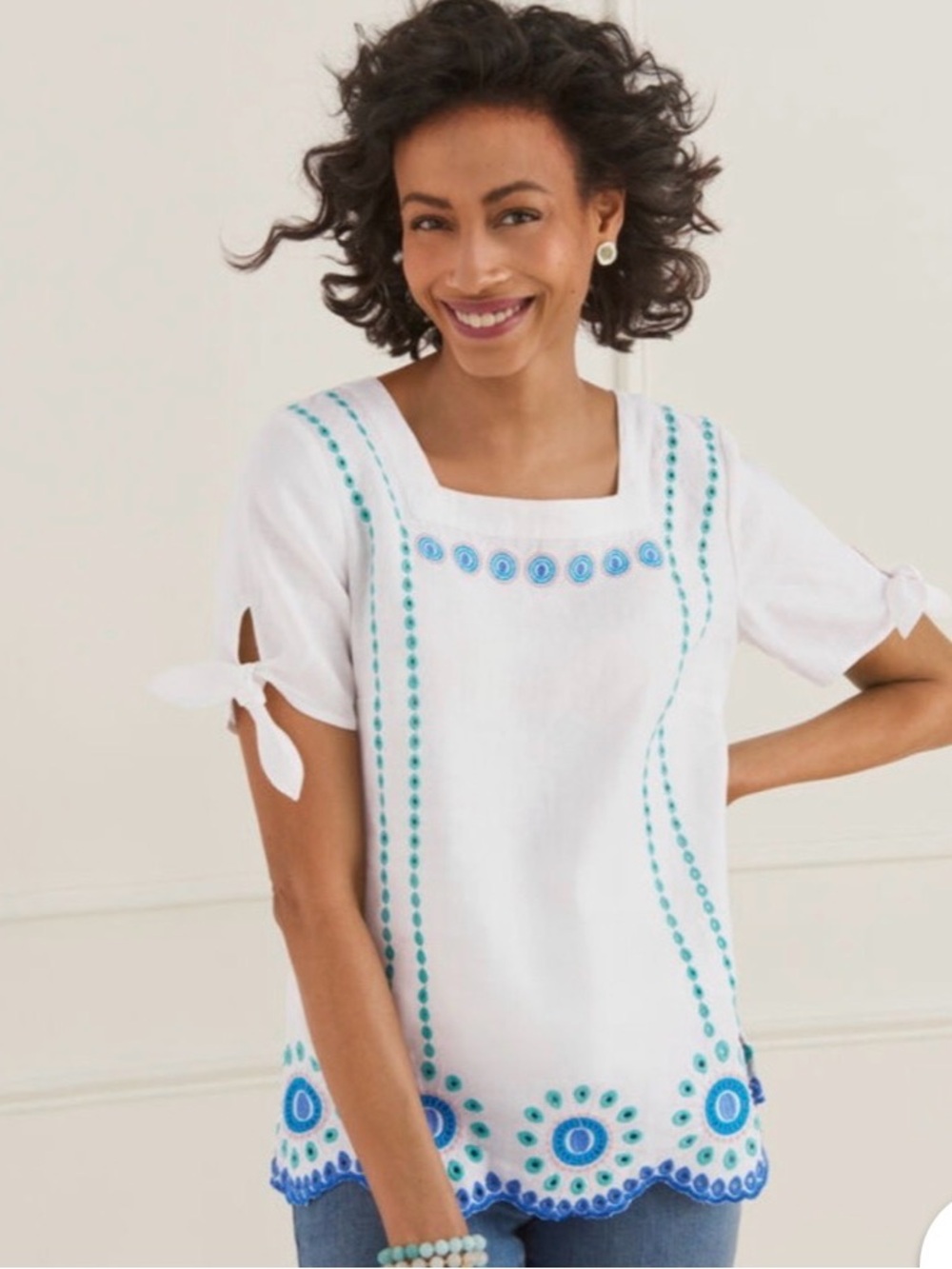 Talbots White Linen and Cotton Embroidered Short-Sleeve Top - Teal & Blue - Picture 6 of 9